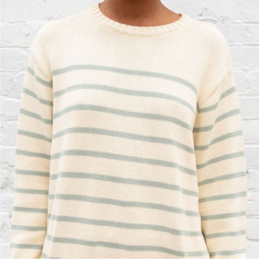 Brandy Melville Cream and Light Sage Striped Crewneck Sweater